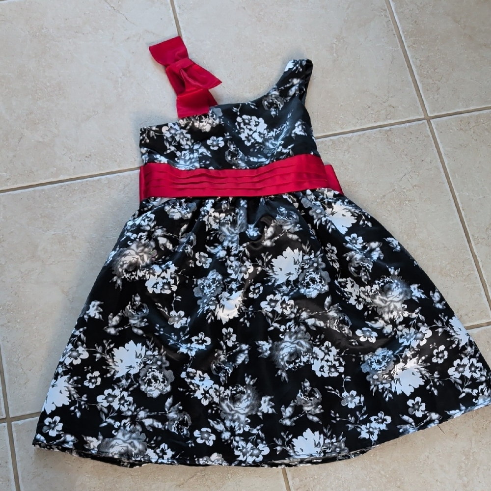 Girls Black Floral One-Shoulder Dress with Red Sash  And Bow , Size 10,
